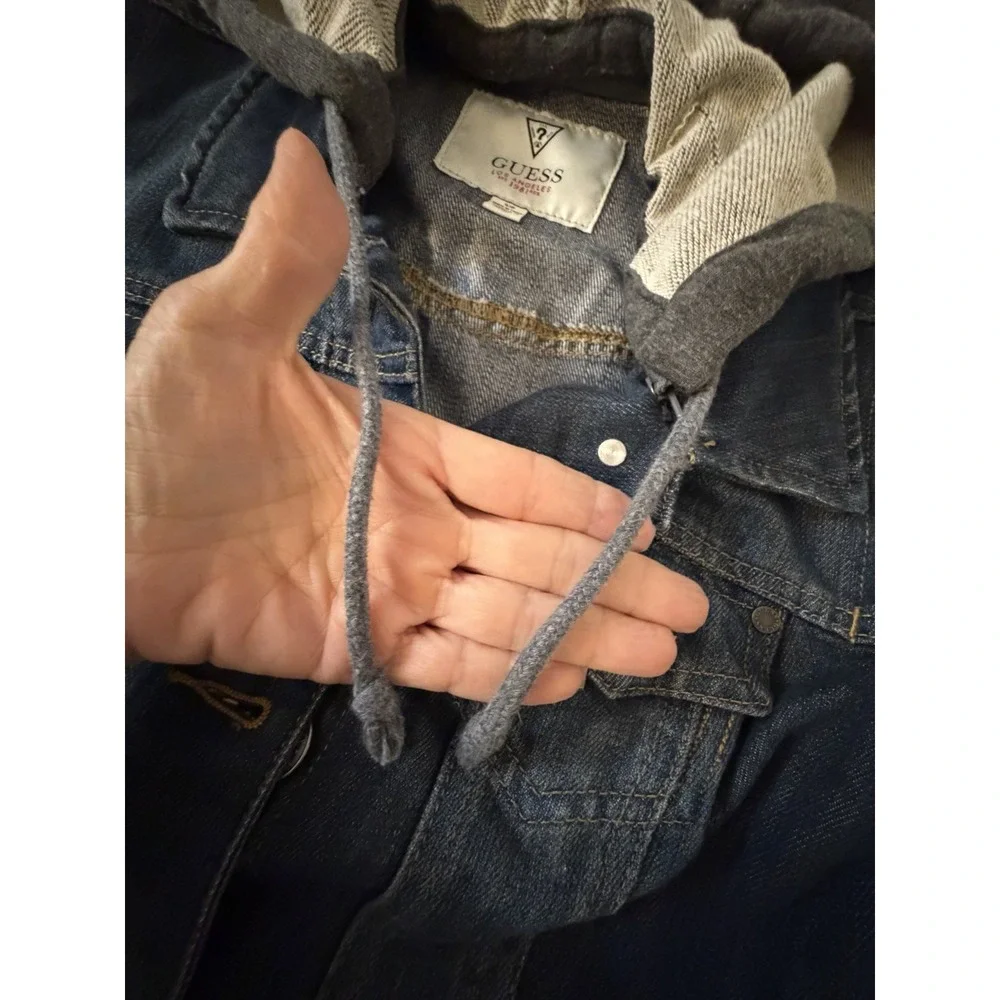 GUESS Jean Jacket Sz S/XS Denim Knit Sleeves Hood Hoodie Y2K Trucker Moto Y2K
